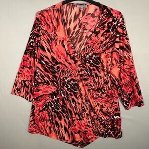 Jennifer Lopez 3XL Animal Print Faux Wrap Top Blouse 3/4 Sleeve Red/Black Stretc
